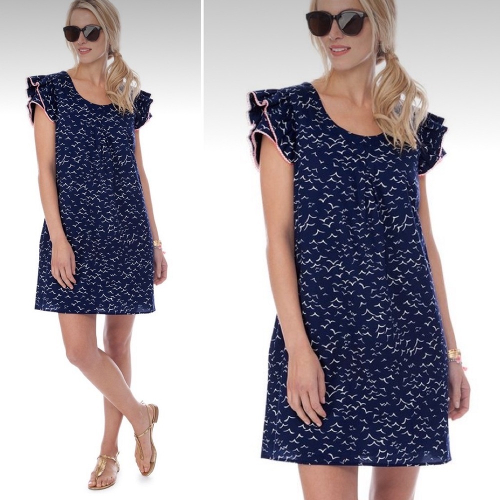 Persifor Clare Flutter Sleeve Shift Dress Seagull Print Navy/White/Coral Sz XS